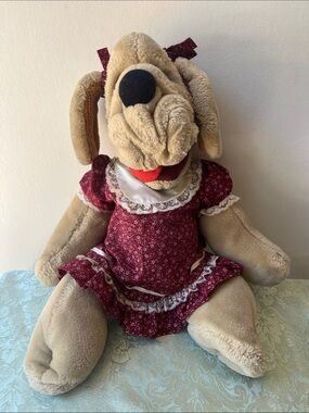 Vintage 1980s Ganz Bros Wrinkles The Dog Plush Hand Puppet Maroon Floral Dress